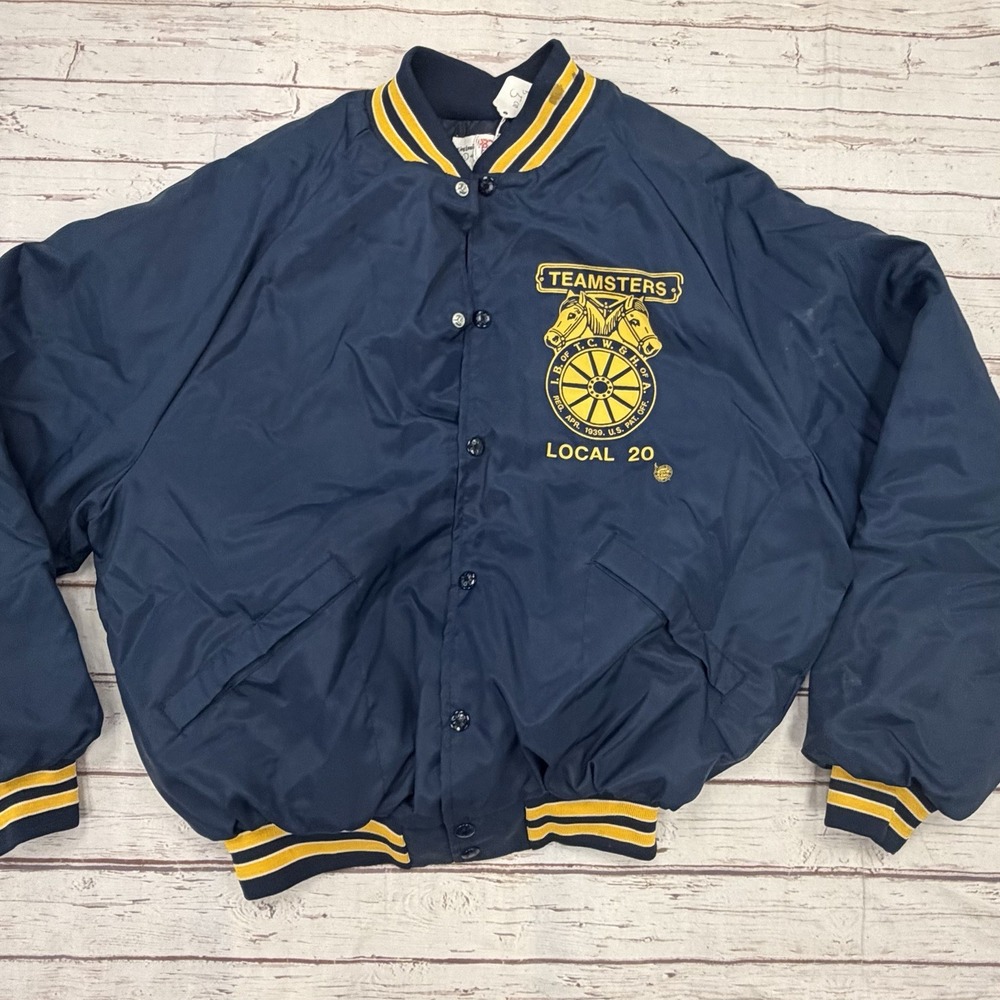 Vintage Mens Teamsters Local 20 Navy Blue / Yellow Bomber Jacket Large